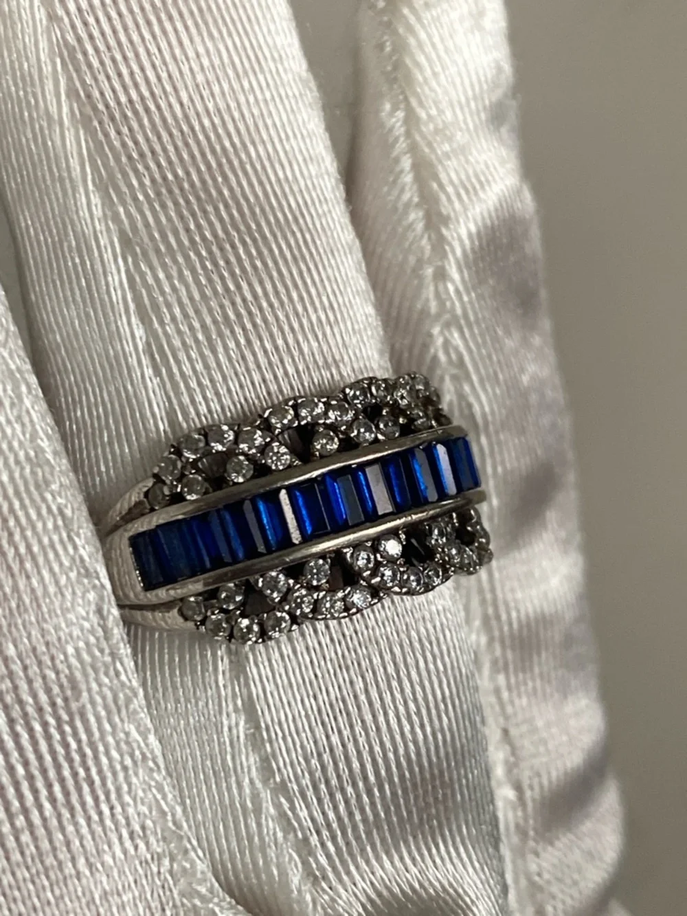 18K White Gold Plated Lab Blue Sapphire & 1/4 TCW Diamond Filigree Ring Sz 7